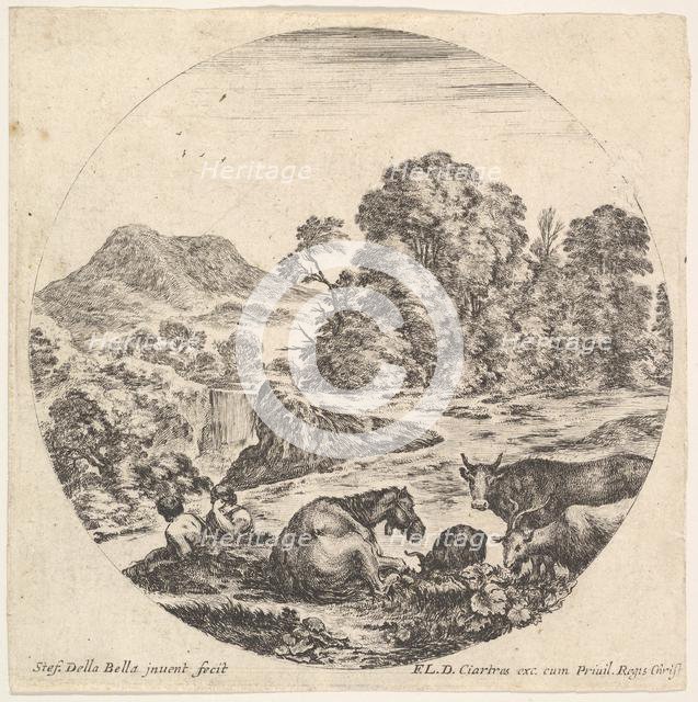 Plate 10: a horse lying down in center, a cow and two goats to right, two seated sh..., ca. 1643-48. Creator: Stefano della Bella.