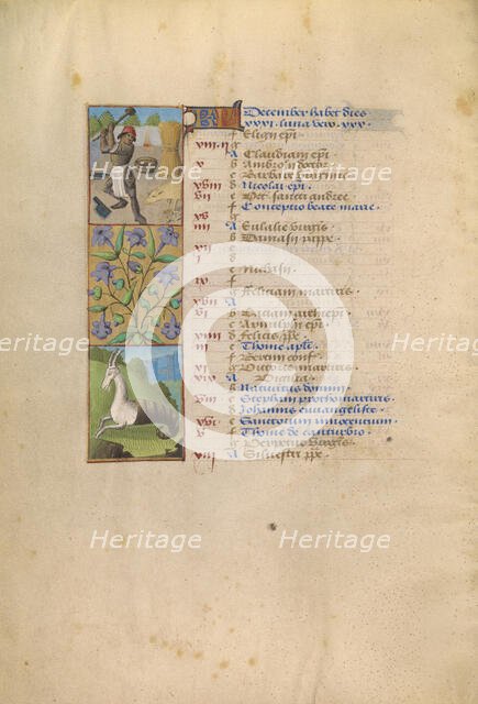December Calendar Page; Slaughtering a Pig; Capricorn; Katherine Hours, about 1480-1485. Creator: Unknown.