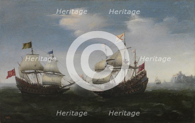 Naval combat against a rocky shore, 1627. Artist: Vroom, Hendrick Cornelisz. (1562/3-1640)