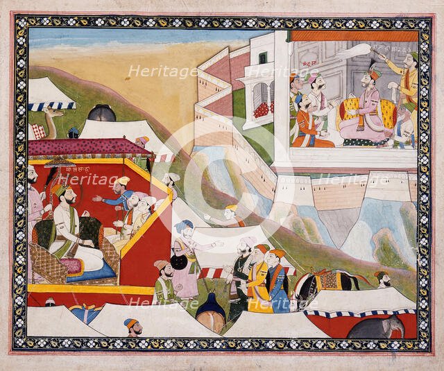 Hamir Receives Mehma, Folio from a Hamir Hath, c1840. Creator: Unknown.