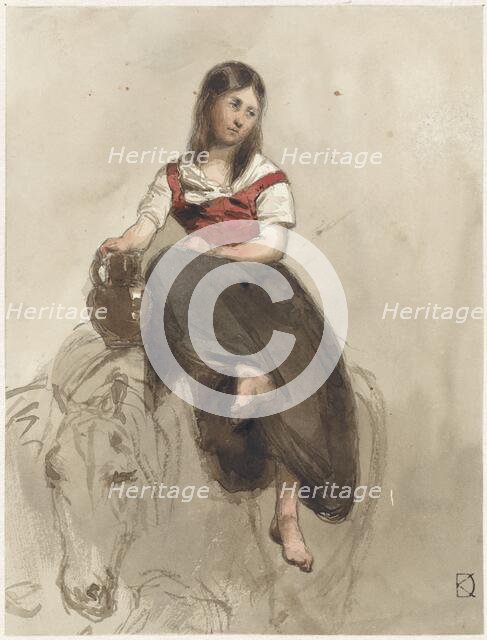 Woman sitting on a horse with jug, 1841-1857. Creator: Johan Daniel Koelman.