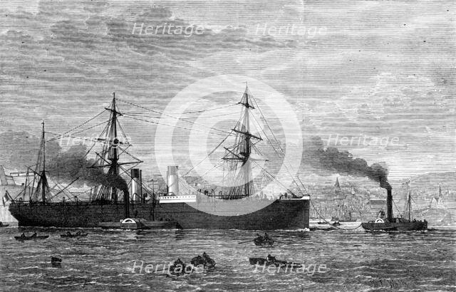 The French Transatlantic Company's steam-ship Amerique towed into Plymouth, 1874. Creator: Josiah Robert Wells.