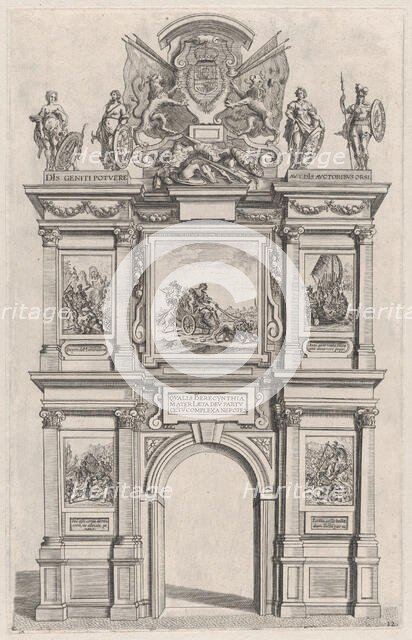 Plate 12: Triumphal arch, elevation of the back facade, surmounted with the arms of Ferdin..., 1636. Creators: Johannes Meursius, Willem van der Beke.