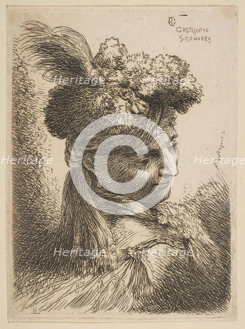 Young man facing three quaters right wearing a fur headdress with a plume, jewel an..., ca. 1645-50. Creator: Giovanni Benedetto Castiglione.