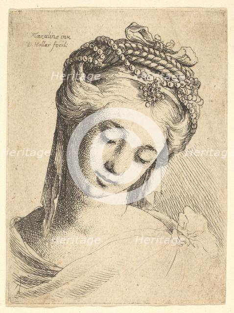 Bust of a young woman with elaborate headdress, looking down., 1625-77. Creator: Wenceslaus Hollar.