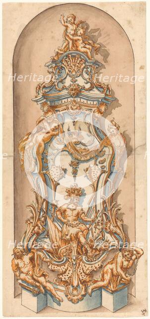 Design for a stove with Mars and two overcome, chained naked men, in a niche, c.1750. Creator: Anon.