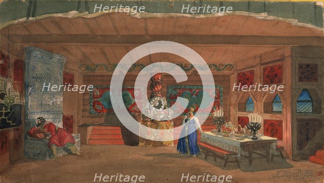 Stage design for the opera The Tsar's Bride by N. Rimsky-Korsakov, 1920. Artist: Kustodiev, Boris Michaylovich (1878-1927)