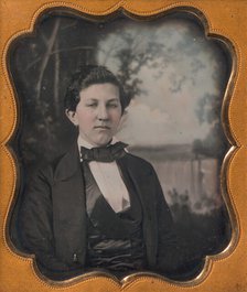 Young Man Seated in Front of Painted Outdoor Backdrop, 1850s. Creator: Unknown.