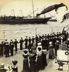 Royal Yacht passing the battleship HMS 'Nile', Coronation Review, Spithead, Hampshire, 1902.Artist: Underwood & Underwood