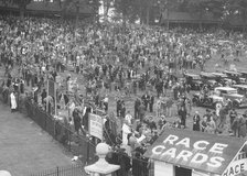 Crowds attending a motor race at Brooklands. Artist: Bill Brunell.