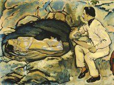 Self-Portrait, drawing with mermaid in the rock grotto, 1914. Creator: Moser, Koloman (1868-1918).