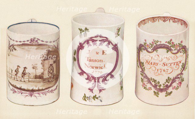 Three Lowestoft Mugs, (18th century), 1937. Artist: Unknown