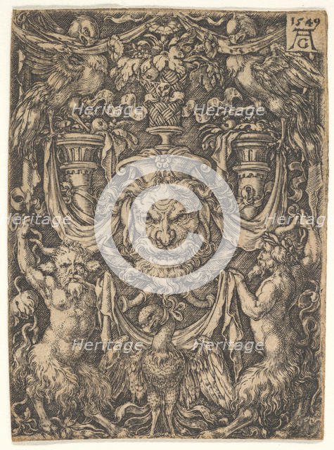 Ornamental Design with a Mask and an Eagle between Two Fauns below, 1549. Creator: Heinrich Aldegrever.