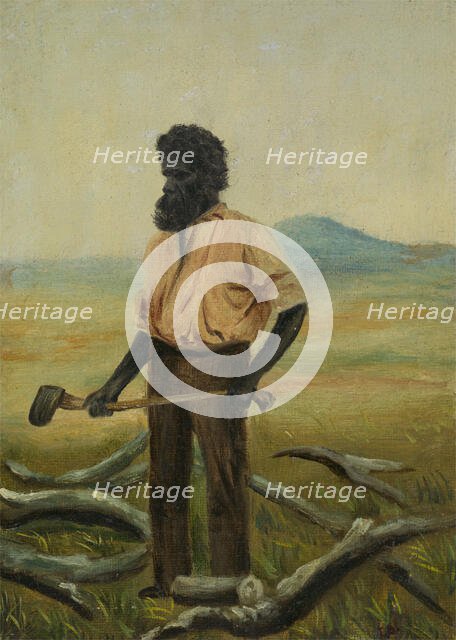 A man with a beard holding an axe to chop the branches of a tree, between 1800 and 1899. Creator: Unknown.