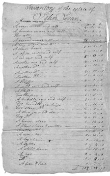 List of estate items with slaves at bottom of second page. Top reads "Inventory of..., 1800-1865. Creator: Unknown.