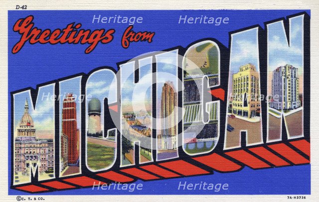 'Greetings from Michigan', postcard, 1937. Artist: Unknown