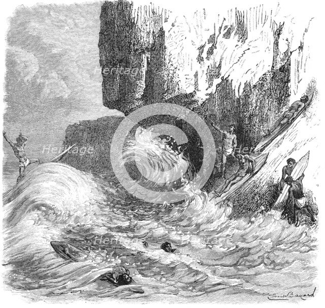 Hawaiian men surfing using wooden boards, c1895. Artist: Unknown