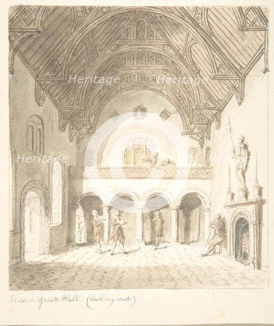 Lea Castle, Worcestershire, View in the Great Hall, Looking West, ca. 1816. Creator: Attributed to John Carter.