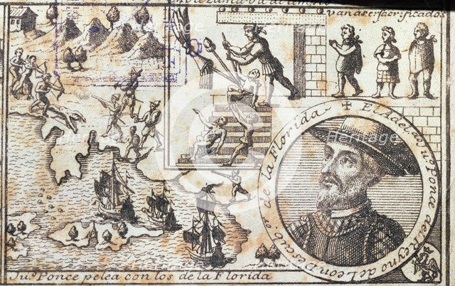  'Juan Ponce fights with the Florida people' and 'they are going to be killed', engraving from 17…