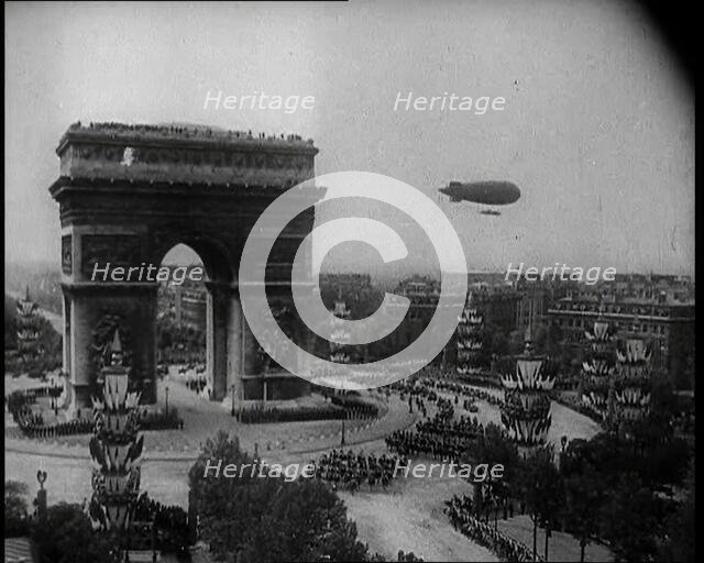 An Airship in the Skies Above Paris Near the Arc de Triomphe During the Royal State Visit..., 1938. Creator: British Pathe Ltd.