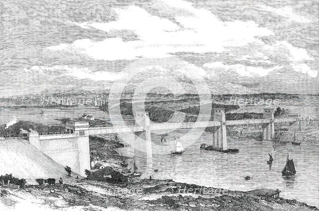 The Britannia Tubular Bridge across the Menai Straits - sketched from the Anglesey Shore, 1850. Creator: Unknown.