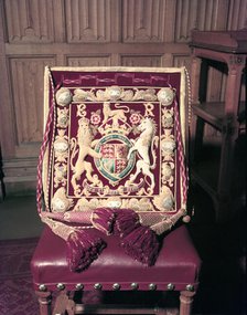 Chair decorated with the Royal Coat of Arms, 1953. Creator: Arthur Charles Kirby Ware.