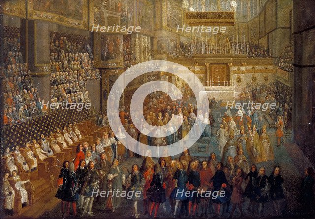 The coronation of Louis XV in the Rheims Cathedral, 25 October 1722. Artist: Martin, Pierre-Denis II (1663-1742)