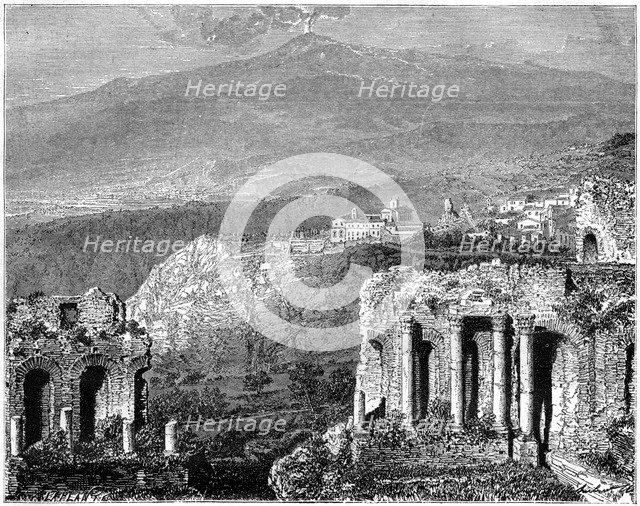 Mount Etna and a view of Taormina, Sicily, Italy, 19th century. Artist: Hubert Clerget