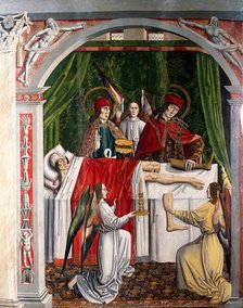 A verger's dream: Saints Cosmas and Damian performing a miraculous cure by transplant..., 1495. Creator: Master of Balbases.
