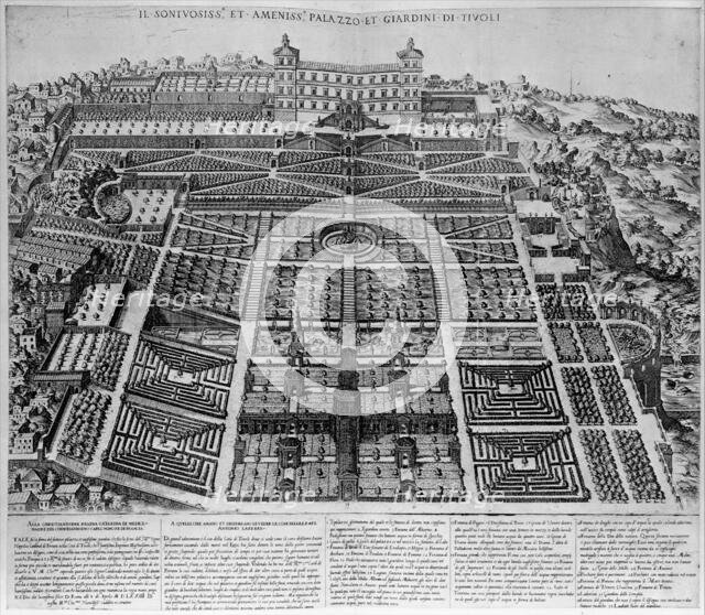 Speculum Romanae Magnificentiae: Tivoli Palace and Gardens, 1573., 1573. Creator: Etienne Duperac.
