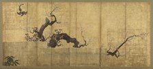 Blossoming Plum and Camellia in a Garden Landscape, Edo period, late 16th-early 17th century. Creator: Kano Koi.