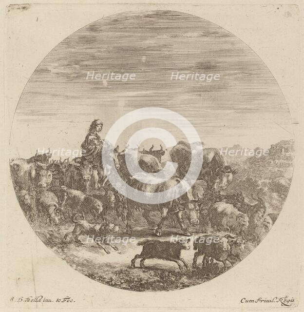 Peasant Seated on a Horse with Cows, Sheep, and Goats. Creator: Stefano della Bella.