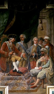 Charles III on his throne discusses with the North African envoy the conditions of a peace  and c…