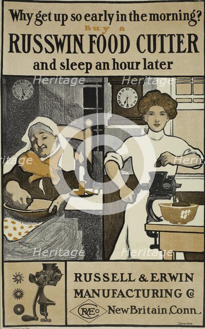 Why get up so early [..] Buy a Russwin food cutter [..], c1895 - 1917. Creator: Unknown.