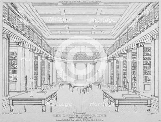 Interior view of the library in the London Institution, Finsbury Circus, City of London, 1824.  Artist: James Carter