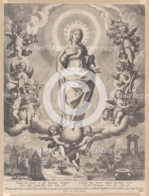 The Virgin in Glory, standing on clouds and surrounded by angels holding the symbols ..., 1595-1633. Creator: Cornelis Galle I.
