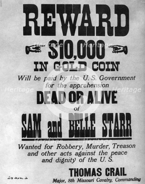 Wanted poster for the outlaws Sam and Belle Starr, c1880-1886 (1954). Artist: Unknown