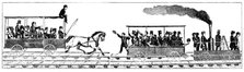 Race between Peter Cooper's locomotive 'Tom Thumb' and a horse-drawn railway carriage, 1829. Artist: Unknown