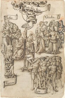 Hope, Reaching for Heaven, Stands among Sad and Happy Men, Joys...[fol. 19 recto], c1512/1515. Creator: Unknown.