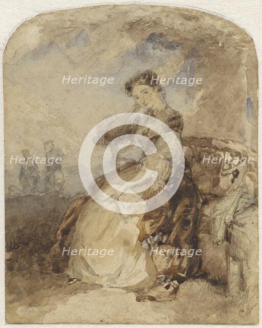 Lady sitting on a bench under a tree, with a book in hand, 1824-1894. Creator: Charles Rochussen.