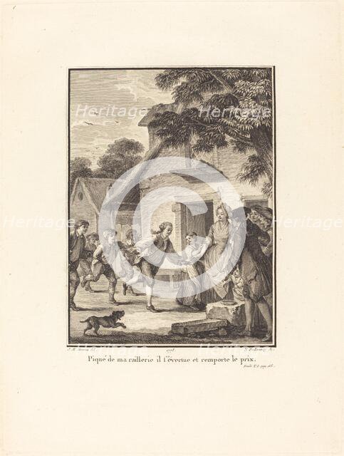 Piqué de ma raillerie, il s'évertue et remporte le prix, 1778. Creator: Nicolas Delaunay.