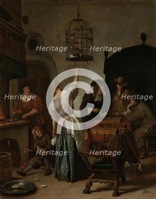 Interior With A Woman Feeding A Parrot Two Men Playing Backgammon And Other Figures (The Parrot Cage), 1670. Artist: Steen, Jan Havicksz (1626-1679)
