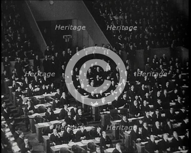 League of Nations Delegate Listening to a Speech, 1930s. Creator: British Pathe Ltd.
