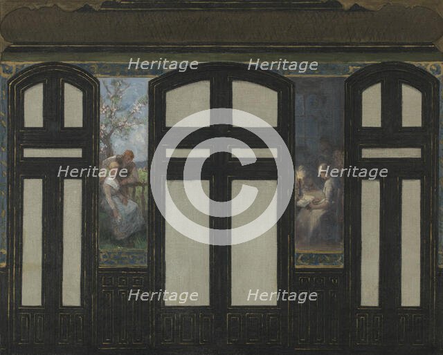 Esquisse pour la mairie du 15e arrondissement : Les fiançailles - La veillée, 1884. Creators: Jacques Ferdinand Humbert, Pierre Lagarde.