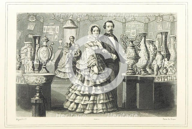 Well-to-do French couple looking at vases, 1865.  Creator: Unknown.