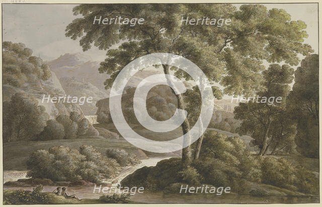 River landscape with trees and figures, late 18th century. Creator: Franz Kobell.