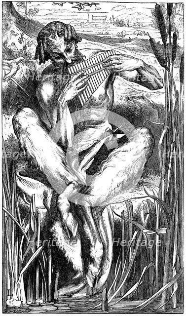 Pan playing his pipes, Wood engraving, London, 1862. Artist: Frederic Leighton