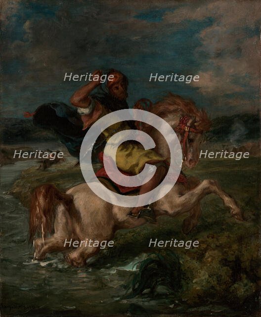 Moroccan Horseman Crossing a Ford, about 1850. Creator: Eugene Delacroix.