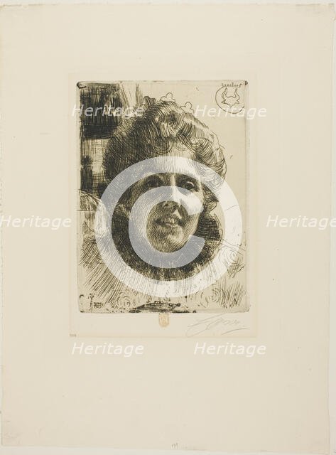 Aurore (Mrs. Aurore Klintberg, née Oxenstierna, Head), 1909. Creator: Anders Leonard Zorn.