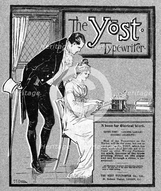 Advertisement for the Yost typewriter, 1901.Artist: Glover